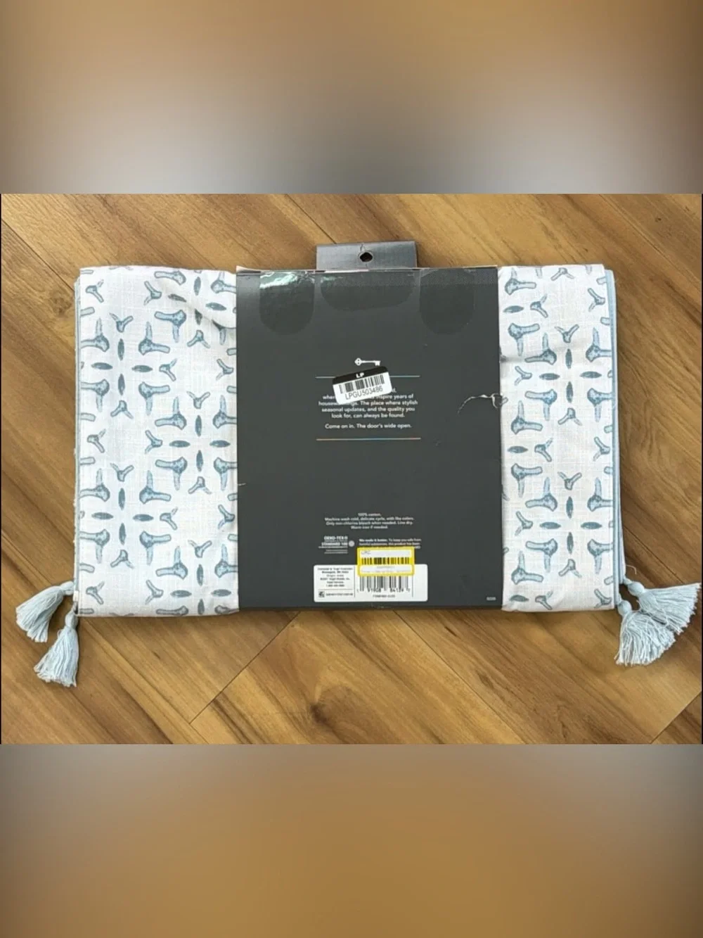 Threshold Light Blue & White Patterned Table Runner with Tassels